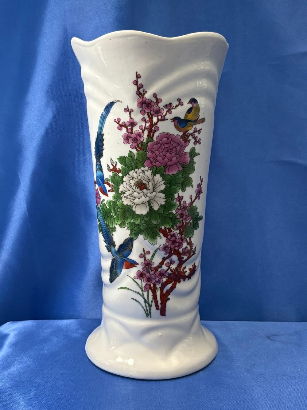 White Porcelain Chinese Spring Vase Accented with Blue Birds and Flowers